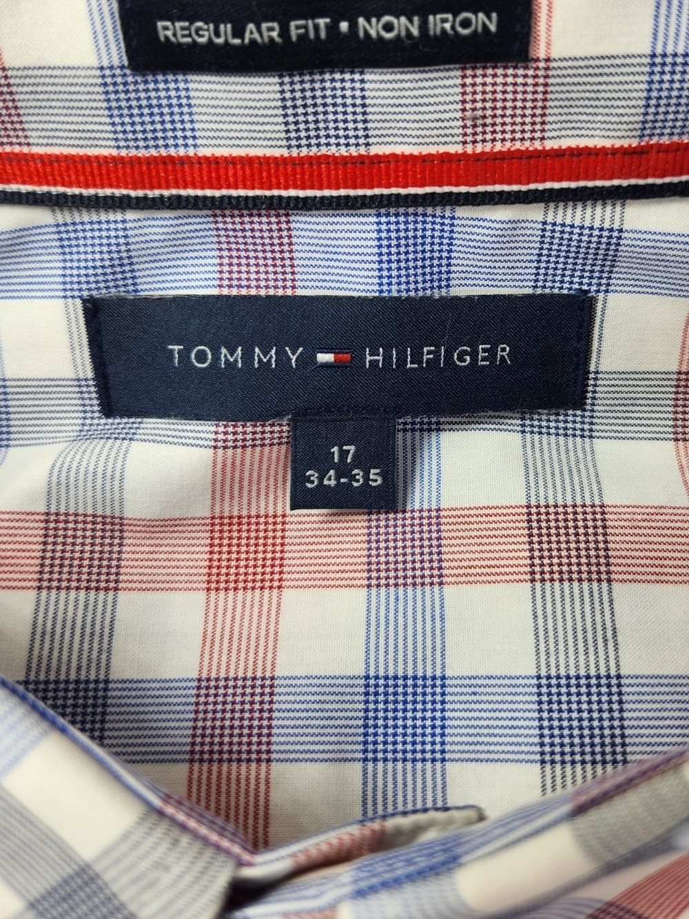 Tommy Hilfiger Mens 17 34/35 Plaid Button Down Shirt Regular Fit Red White Blue - Picture 12 of 16